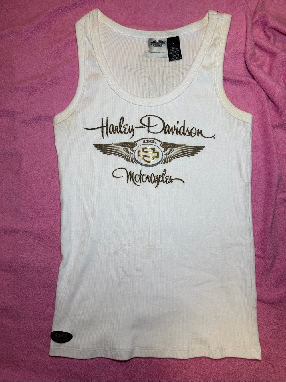 Harley-Davidson White Tank with Gold and Black Winged Emblem